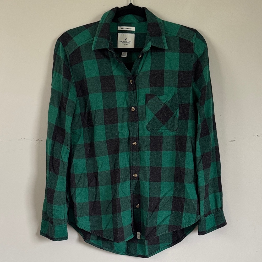 American Eagle Green Black Plaid Flannel Shirt‎ Button Up Casual